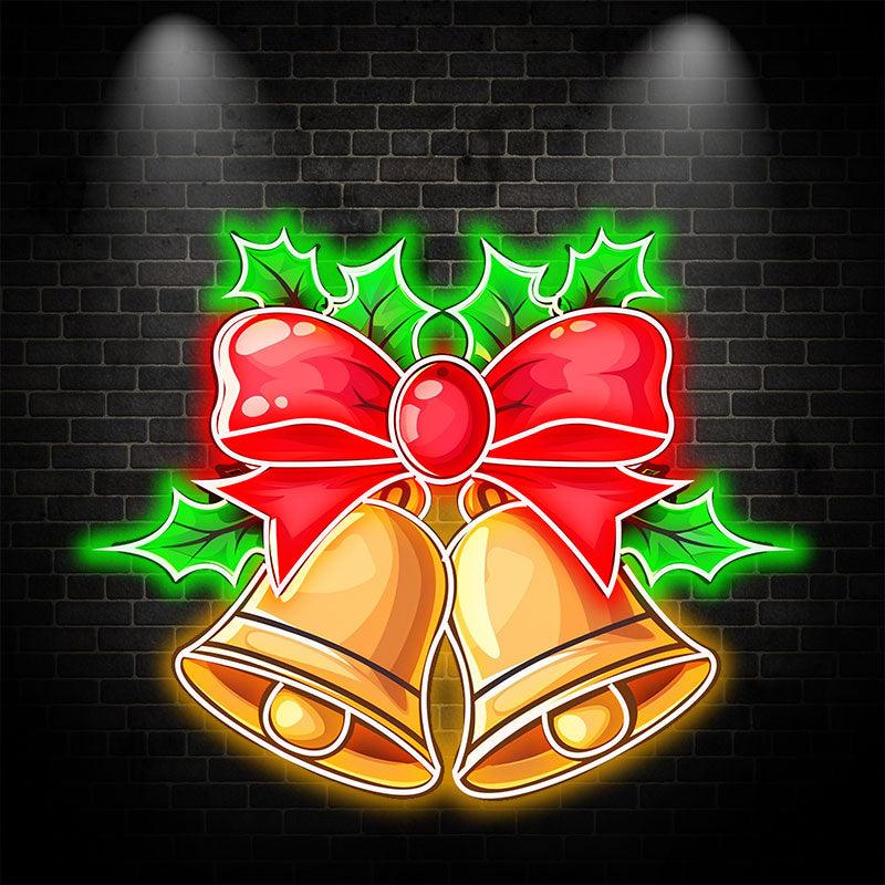 Christmas Bells LED neon signs Light Decoration - Red Bow Tie Decoration with Green Leaves Surround, Perfect Holiday Home Decoration