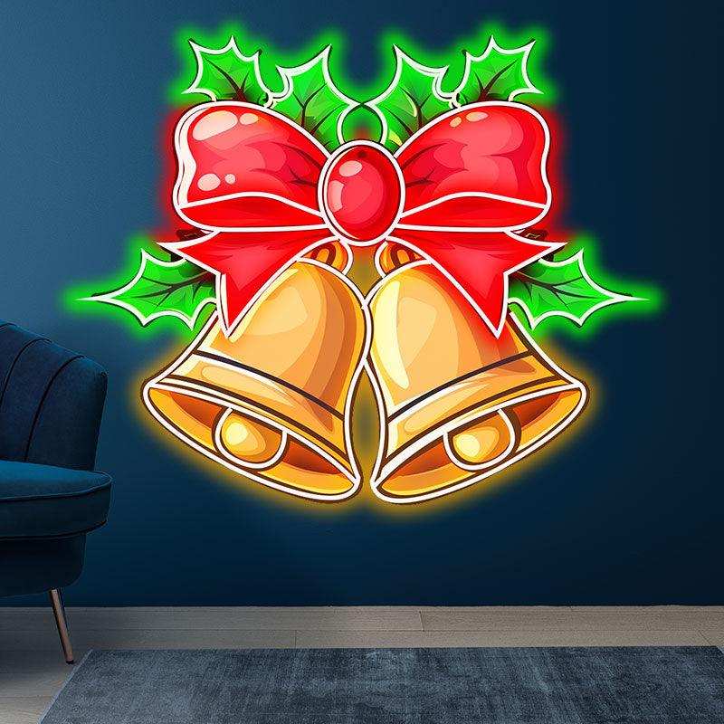 Christmas Bells LED neon signs Light Decoration - Red Bow Tie Decoration with Green Leaves Surround, Perfect Holiday Home Decoration