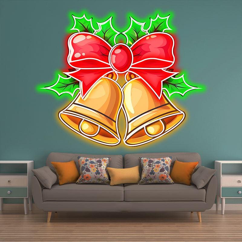 Christmas Bells LED neon signs Light Decoration - Red Bow Tie Decoration with Green Leaves Surround, Perfect Holiday Home Decoration