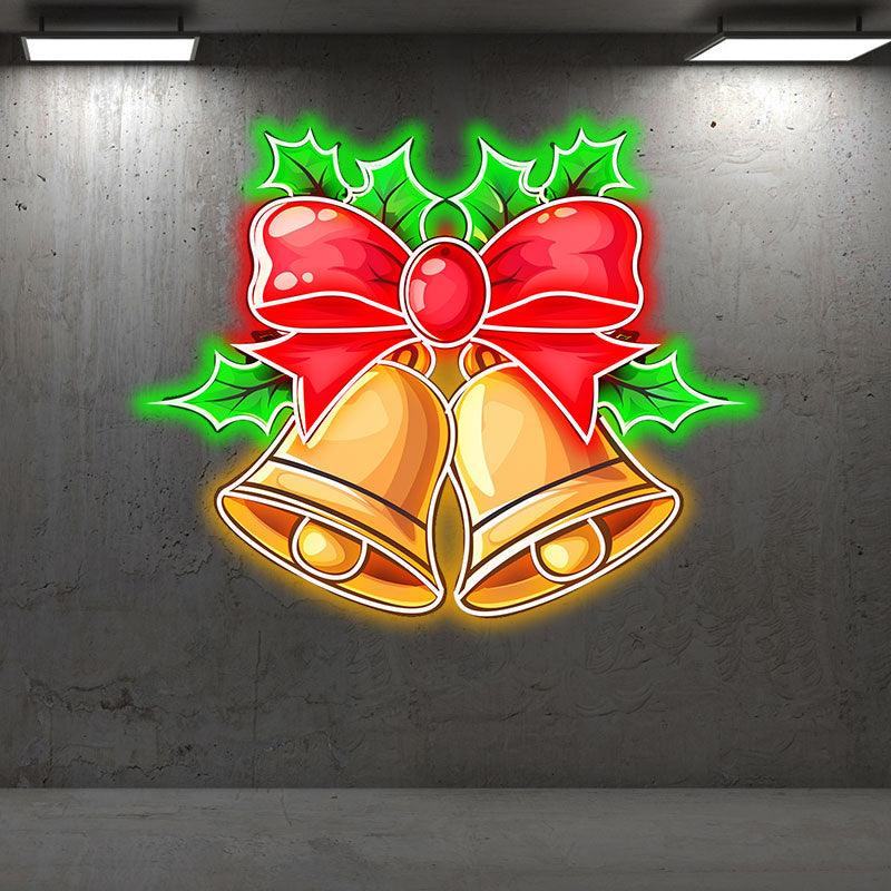 Christmas Bells LED neon signs Light Decoration - Red Bow Tie Decoration with Green Leaves Surround, Perfect Holiday Home Decoration