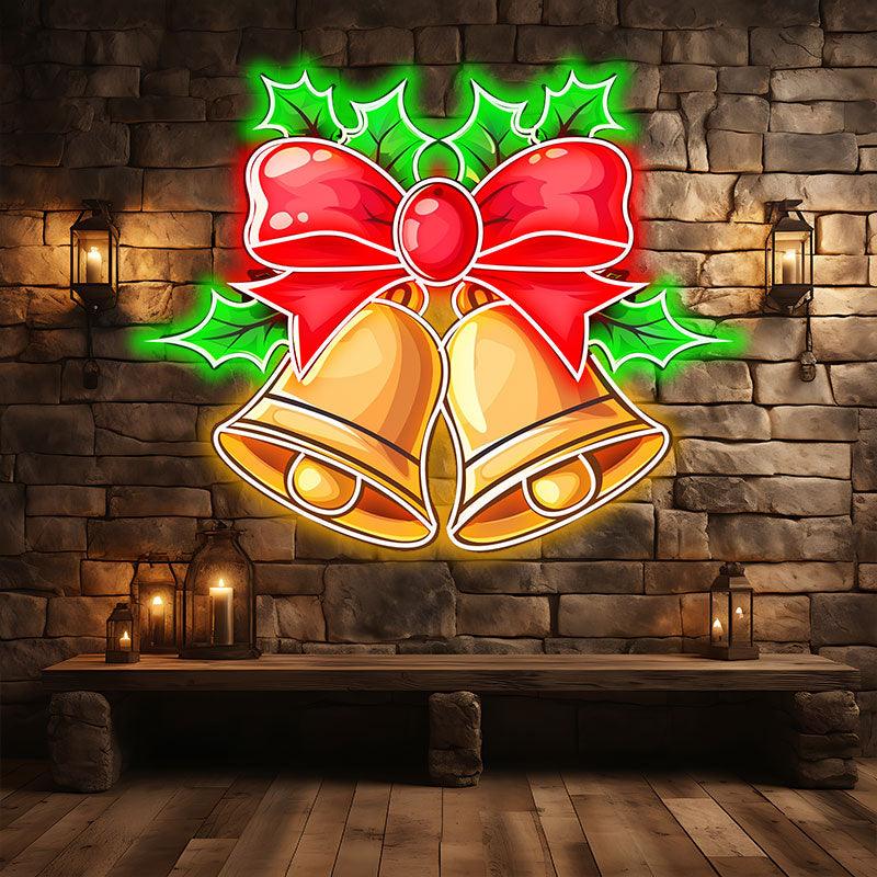 Christmas Bells LED neon signs Light Decoration - Red Bow Tie Decoration with Green Leaves Surround, Perfect Holiday Home Decoration