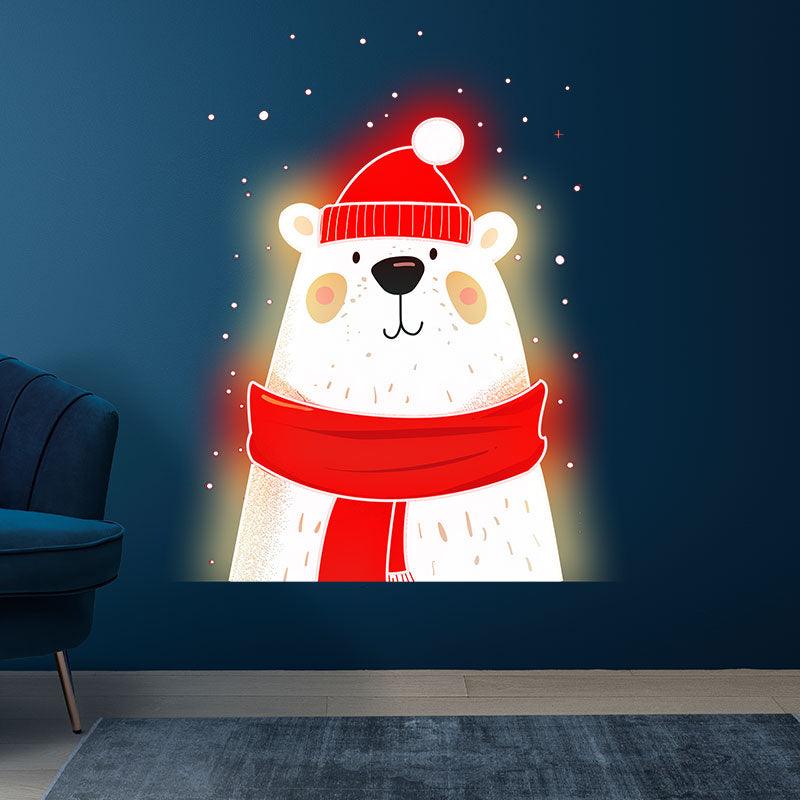 Cute Festive Christmas Bear - wearing a red hat and scarf, perfect holiday decoration neon signs
