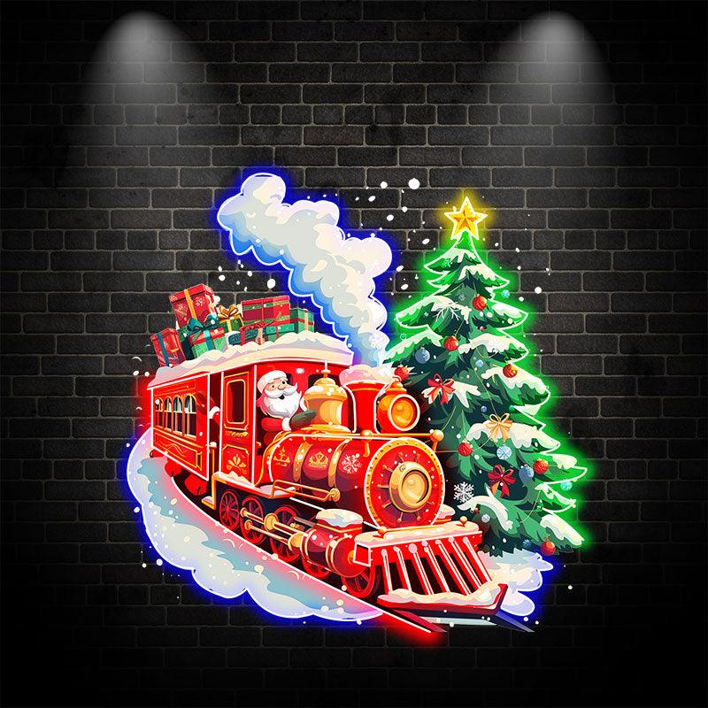Santa Claus Red Train LED Lights neon signs  - Filled with Christmas Gifts with Green Christmas Tree, Perfect Holiday Decoration