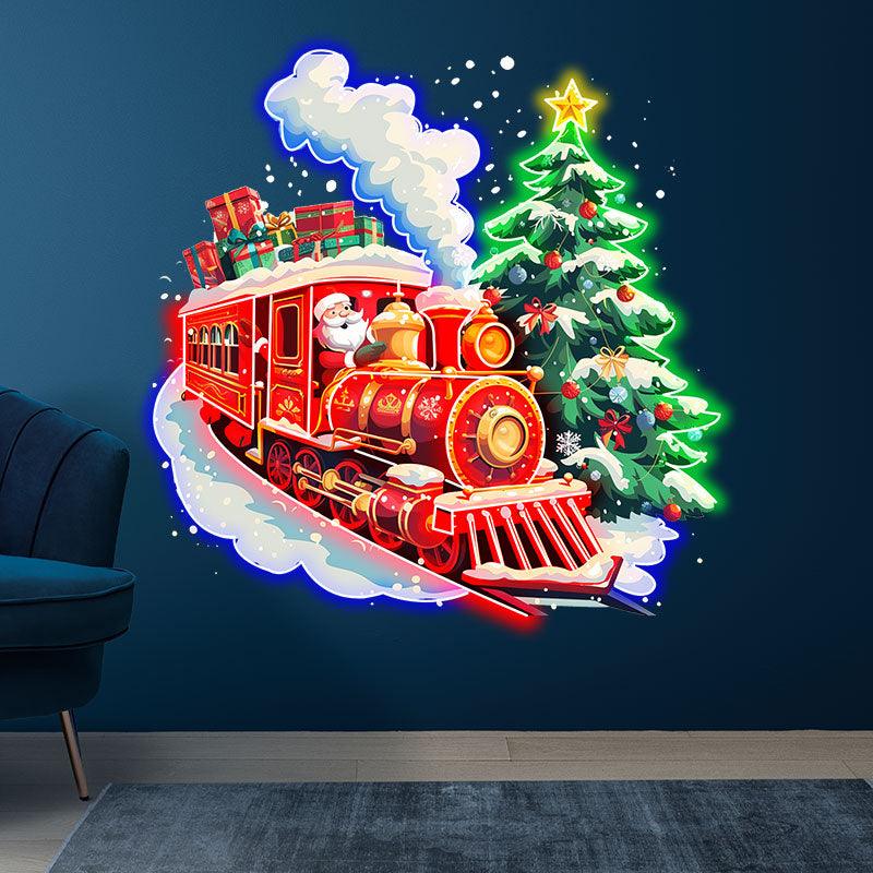 Santa Claus Red Train LED Lights neon signs  - Filled with Christmas Gifts with Green Christmas Tree, Perfect Holiday Decoration