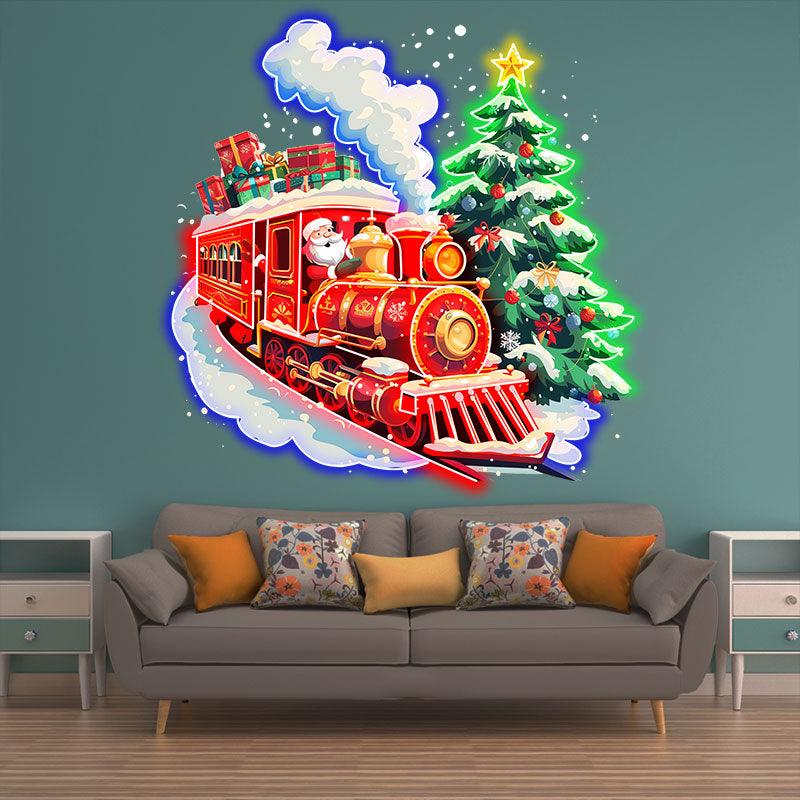Santa Claus Red Train LED Lights neon signs  - Filled with Christmas Gifts with Green Christmas Tree, Perfect Holiday Decoration