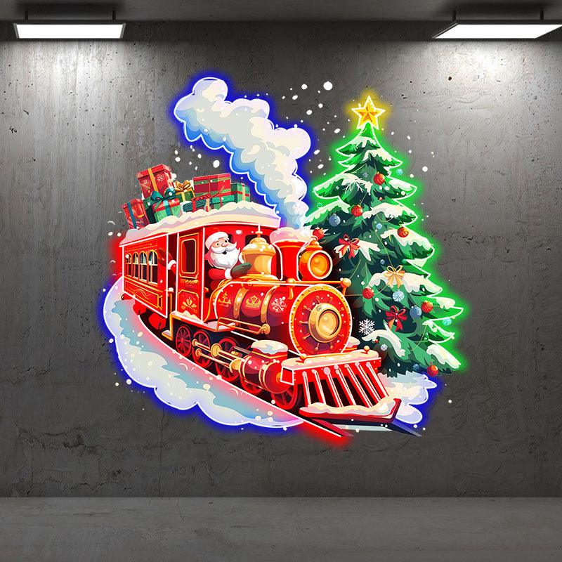 Santa Claus Red Train LED Lights neon signs  - Filled with Christmas Gifts with Green Christmas Tree, Perfect Holiday Decoration