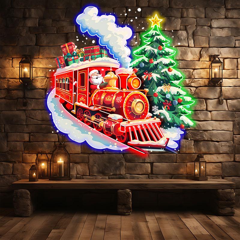 Santa Claus Red Train LED Lights neon signs  - Filled with Christmas Gifts with Green Christmas Tree, Perfect Holiday Decoration