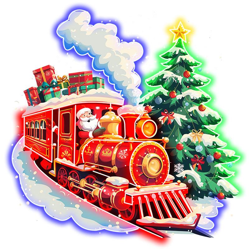 Santa Claus Red Train LED Lights neon signs  - Filled with Christmas Gifts with Green Christmas Tree, Perfect Holiday Decoration