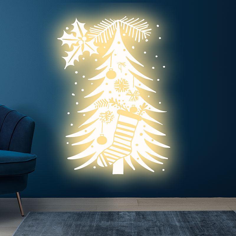 Glowing Gold Christmas Tree Decorations - Hang gold stockings and lanterns for a cozy holiday atmosphere neon signs