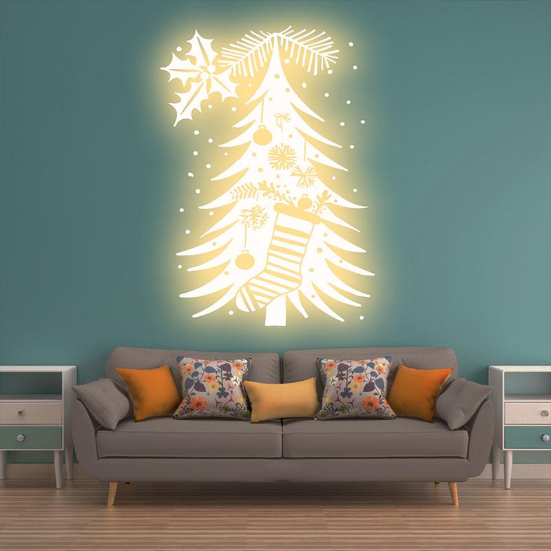 Glowing Gold Christmas Tree Decorations - Hang gold stockings and lanterns for a cozy holiday atmosphere neon signs
