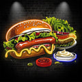 Bountiful Burger Feast - Hot dogs and fresh veggies are perfectly paired with juicy steaks for a delicious neon treat! neon signs