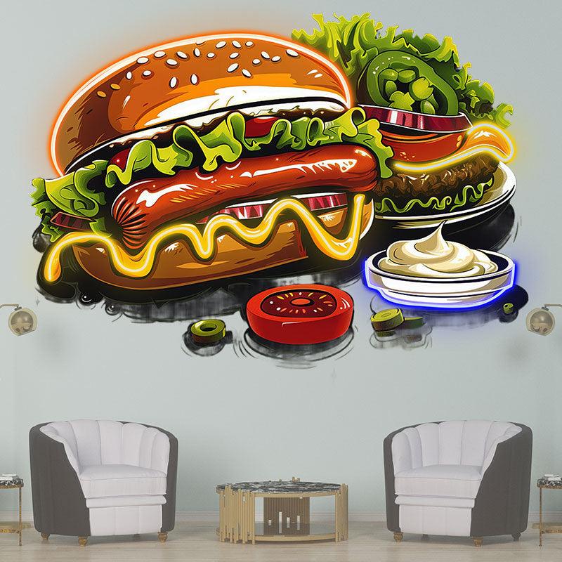 Bountiful Burger Feast - Hot dogs and fresh veggies are perfectly paired with juicy steaks for a delicious neon treat! neon signs