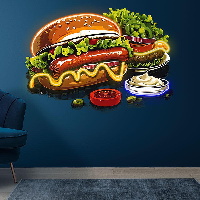 Bountiful Burger Feast - Hot dogs and fresh veggies are perfectly paired with juicy steaks for a delicious neon treat! neon signs