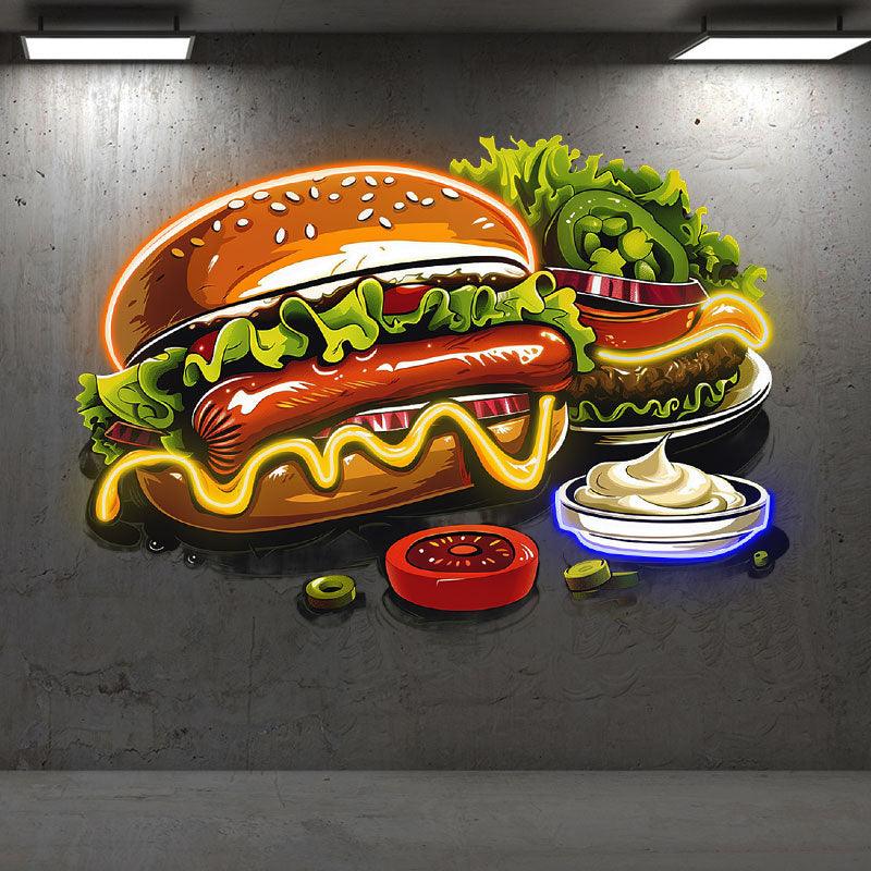 Bountiful Burger Feast - Hot dogs and fresh veggies are perfectly paired with juicy steaks for a delicious neon treat! neon signs
