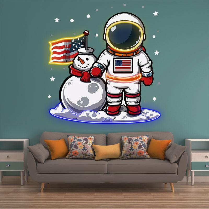 Christmas Astronauts and Snowmen: A Joyful Space neon signs Celebration Decorated with American Flags