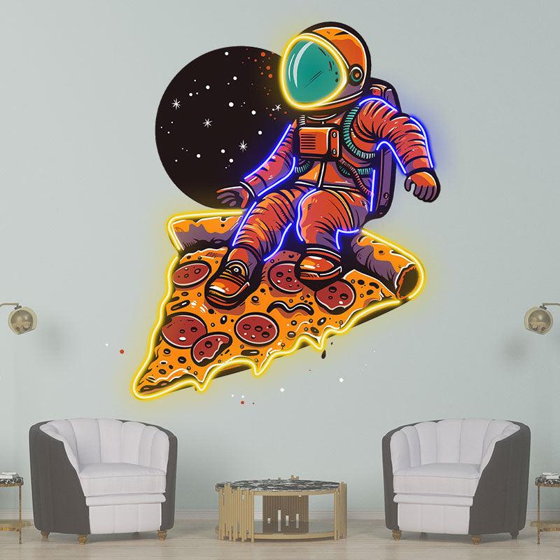 Space Pizza Party neon signs | Astronauts sitting on a big pizza | Creative Neon Decoration
