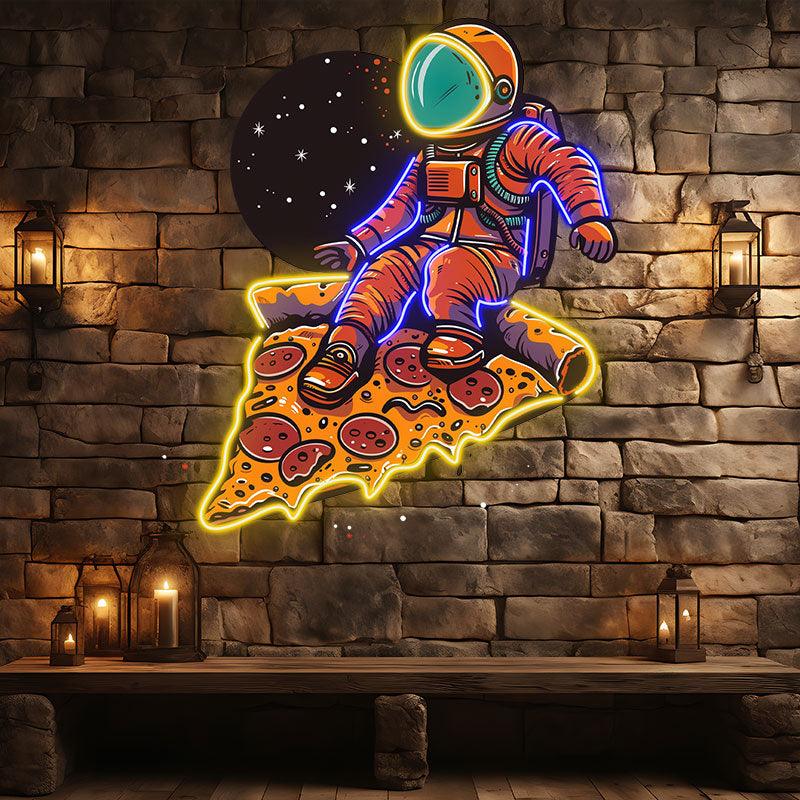 Space Pizza Party neon signs | Astronauts sitting on a big pizza | Creative Neon Decoration