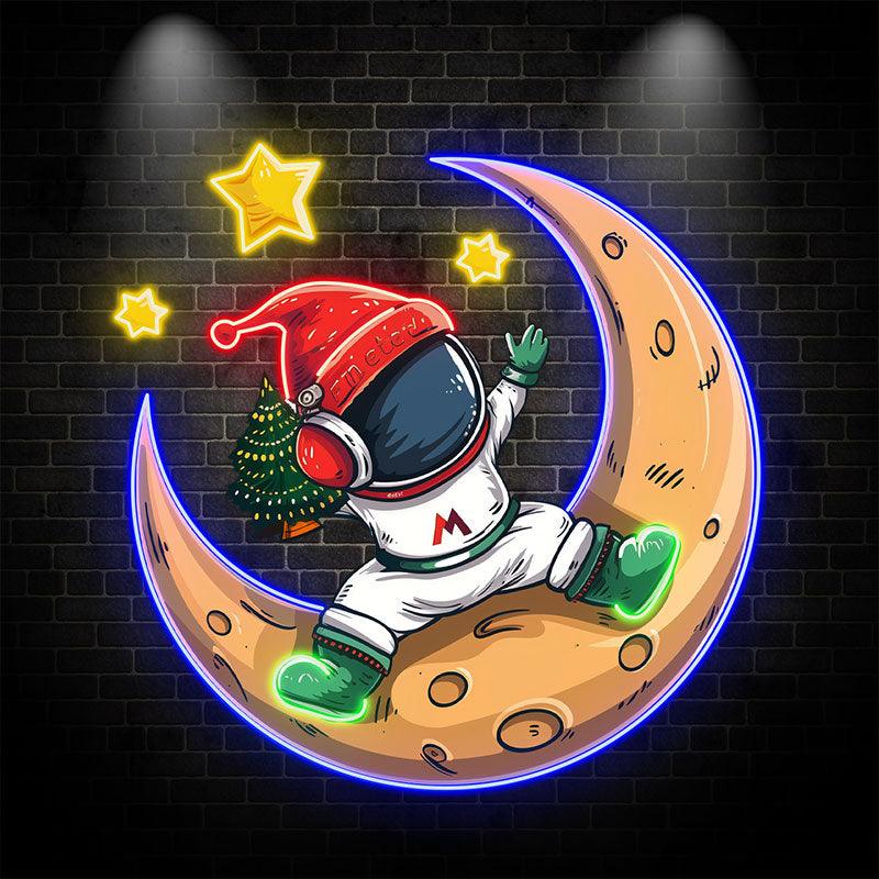 Christmas miracle on the moon: astronauts in Santa hats, holding Christmas trees neon signs