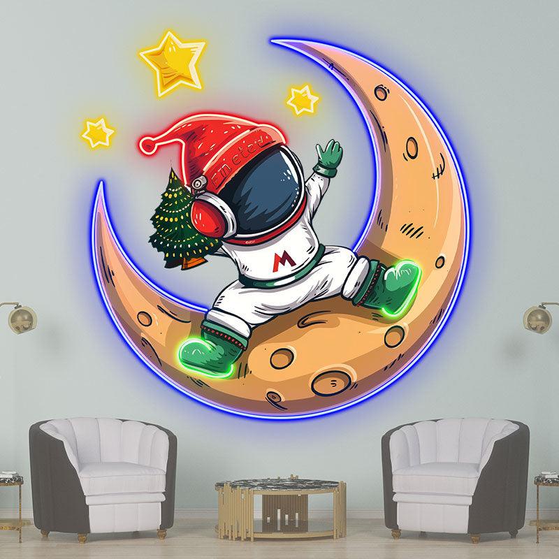 Christmas miracle on the moon: astronauts in Santa hats, holding Christmas trees neon signs