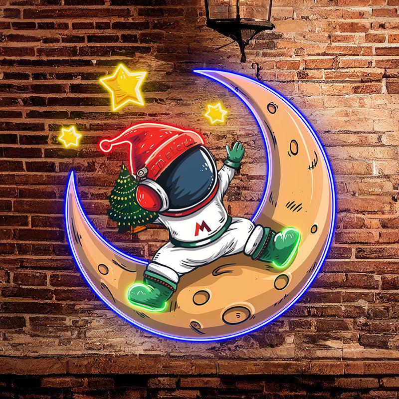 Christmas miracle on the moon: astronauts in Santa hats, holding Christmas trees neon signs