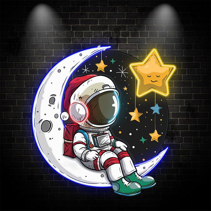 Christmas Eve on the Moon: Astronauts in festive space suits take a moment to watch the stars neon signs