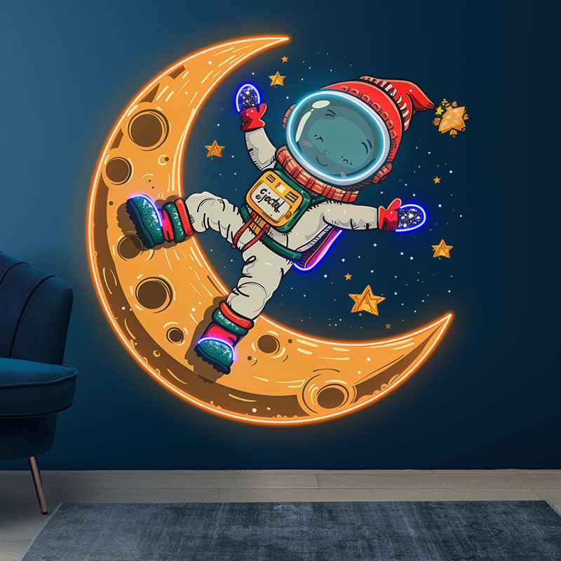 Merry Christmas Astronaut neon signs: A Holiday Miracle Swimming in Space on a Yellow Bent Moon