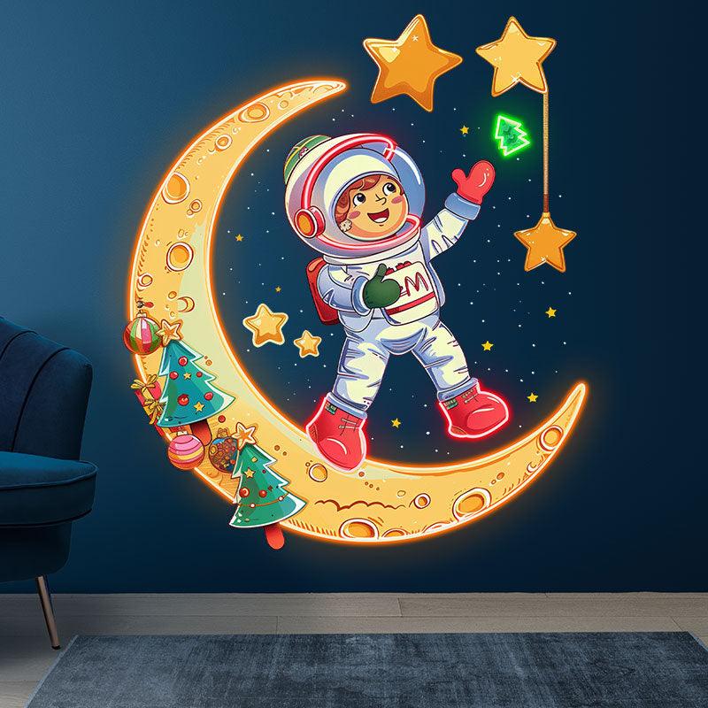 Astronauts on a golden Christmas-decorated moon: happy stargazing holiday miracle neon signs