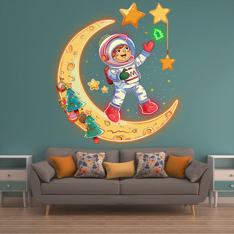 Astronauts on a golden Christmas-decorated moon: happy stargazing holiday miracle neon signs