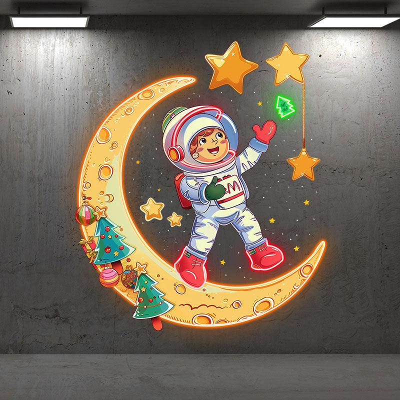 Astronauts on a golden Christmas-decorated moon: happy stargazing holiday miracle neon signs