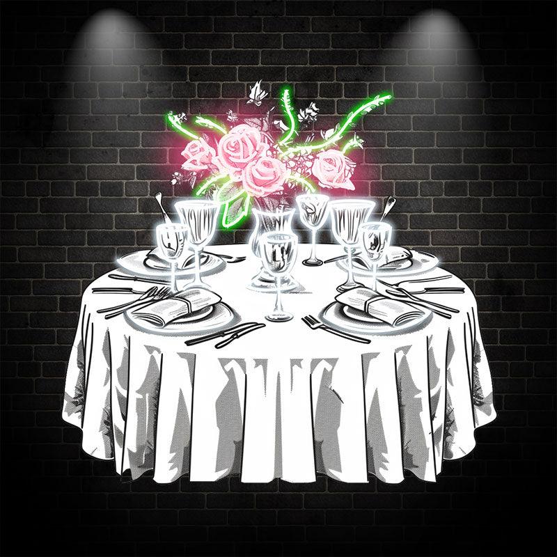 Wedding Delight: neon signs Pink Flowers on White Tables with Beautiful Plates | The Perfect Setting for a Sweet Celebration