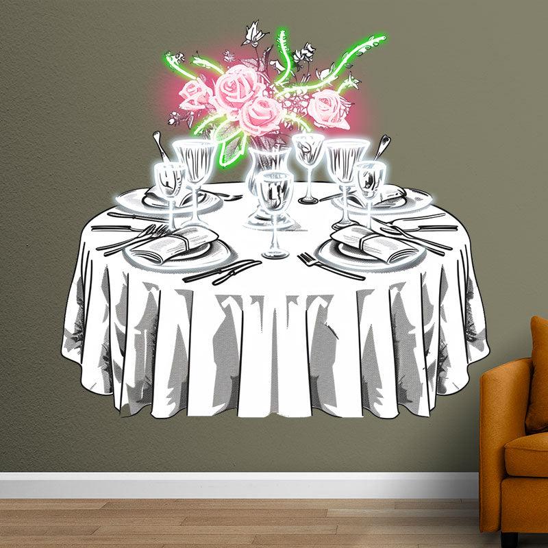 Wedding Delight: neon signs Pink Flowers on White Tables with Beautiful Plates | The Perfect Setting for a Sweet Celebration