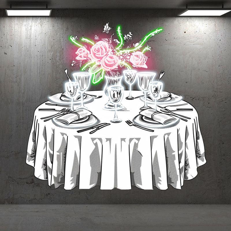 Wedding Delight: neon signs Pink Flowers on White Tables with Beautiful Plates | The Perfect Setting for a Sweet Celebration