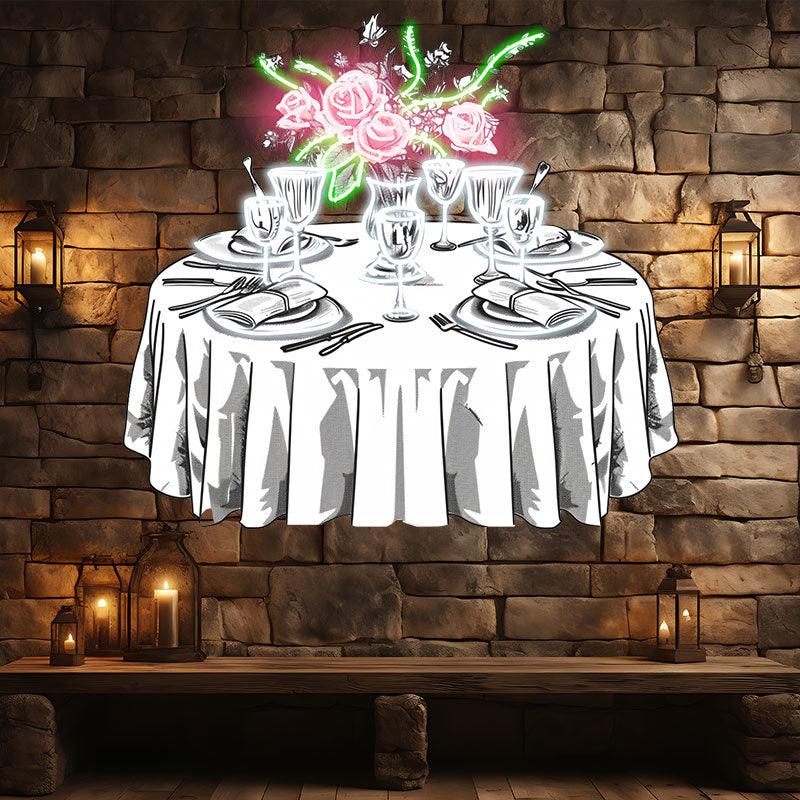 Wedding Delight: neon signs Pink Flowers on White Tables with Beautiful Plates | The Perfect Setting for a Sweet Celebration