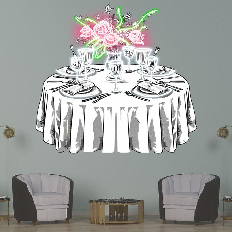 Wedding Delight: neon signs Pink Flowers on White Tables with Beautiful Plates | The Perfect Setting for a Sweet Celebration