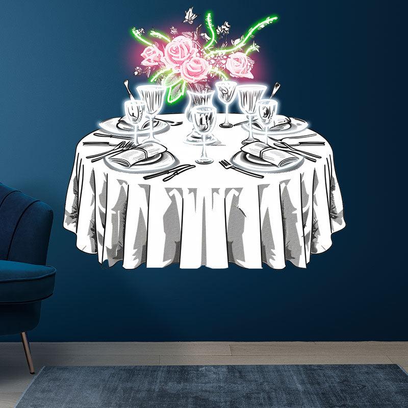 Wedding Delight: neon signs Pink Flowers on White Tables with Beautiful Plates | The Perfect Setting for a Sweet Celebration