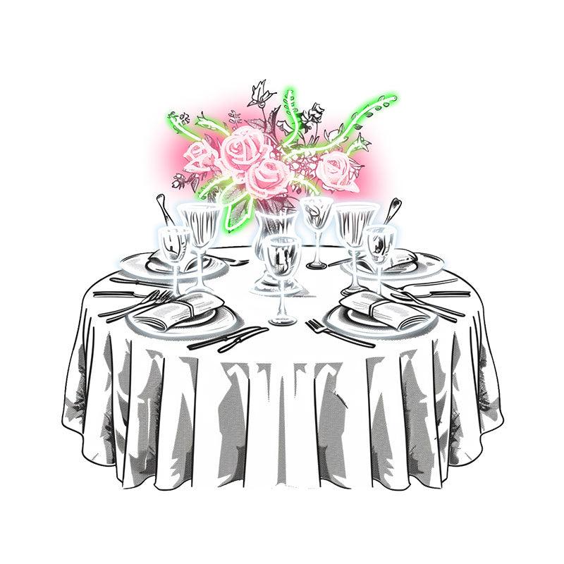 Wedding Delight: neon signs Pink Flowers on White Tables with Beautiful Plates | The Perfect Setting for a Sweet Celebration