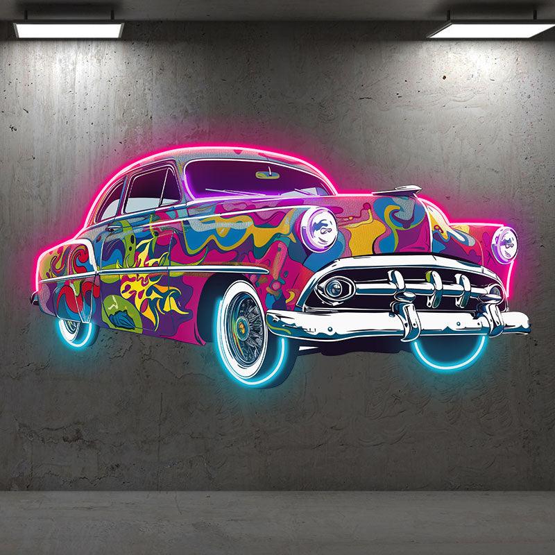 Classic Old Famous Cars Colorful Airbrush | Unique Art Deco | Vintage Slam Car Style | Perfect for Home, Office and Garage neon signs