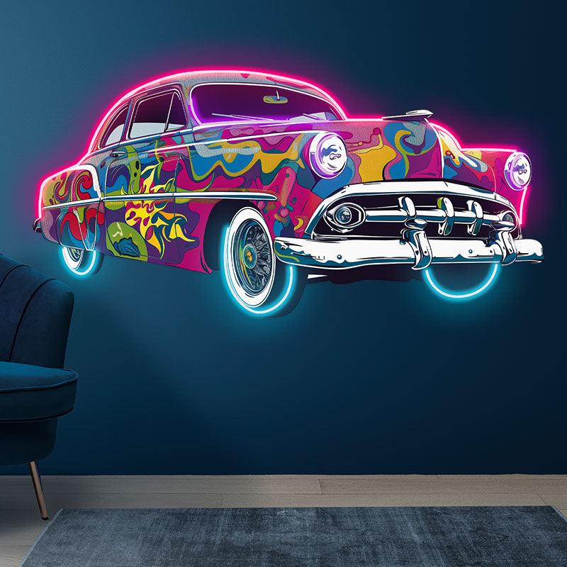 Classic Old Famous Cars Colorful Airbrush | Unique Art Deco | Vintage Slam Car Style | Perfect for Home, Office and Garage neon signs