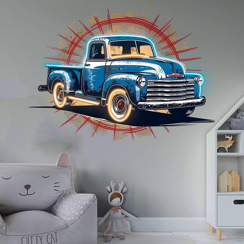 Blue Pickup Truck LED Neon signs | Round Clay Backdrop Decorative Lights | Creative Home & Store Decoration