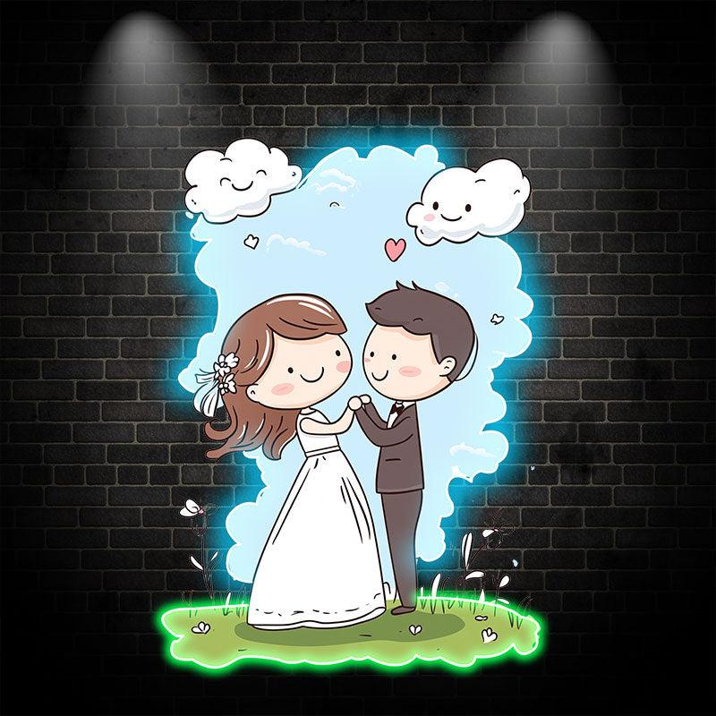 Bride and Groom Hand in Hand LED Neon signs | Blue Sky and White Clouds Warm Picture Decoration Lights | Suitable for Wedding and Home Decoration