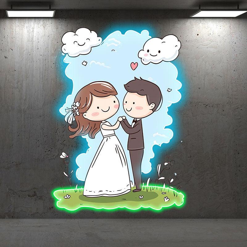 Bride and Groom Hand in Hand LED Neon signs | Blue Sky and White Clouds Warm Picture Decoration Lights | Suitable for Wedding and Home Decoration