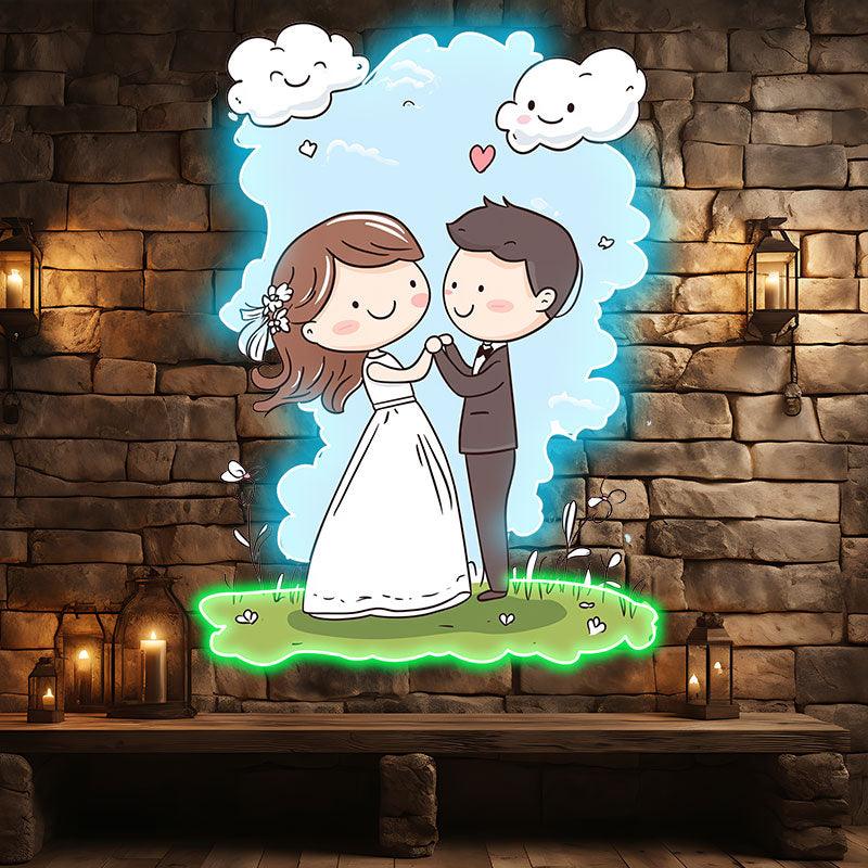 Bride and Groom Hand in Hand LED Neon signs | Blue Sky and White Clouds Warm Picture Decoration Lights | Suitable for Wedding and Home Decoration