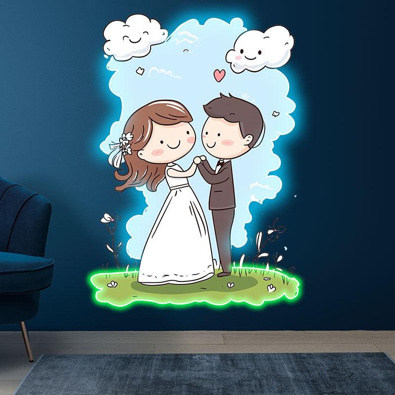 Bride and Groom Hand in Hand LED Neon signs | Blue Sky and White Clouds Warm Picture Decoration Lights | Suitable for Wedding and Home Decoration