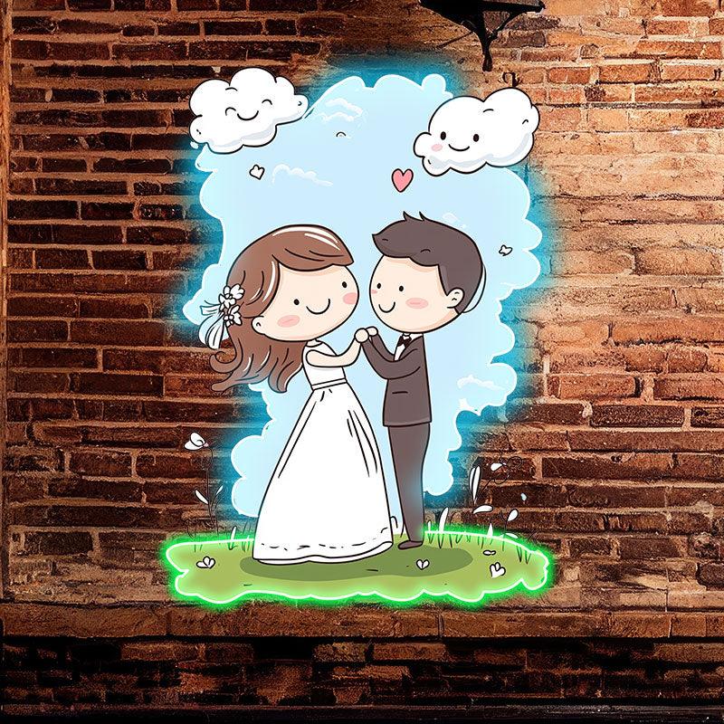 Bride and Groom Hand in Hand LED Neon signs | Blue Sky and White Clouds Warm Picture Decoration Lights | Suitable for Wedding and Home Decoration