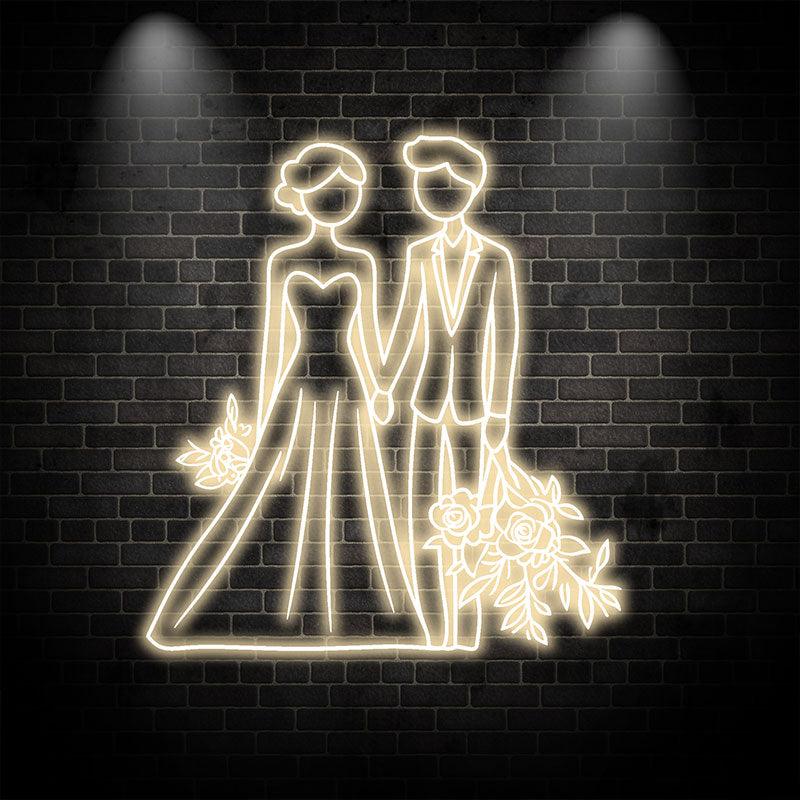 White Lighting Art LED Neon signs | Bride and Groom Hand in Hand Happy Picture Decoration Light | Suitable for Wedding and Home Decoration