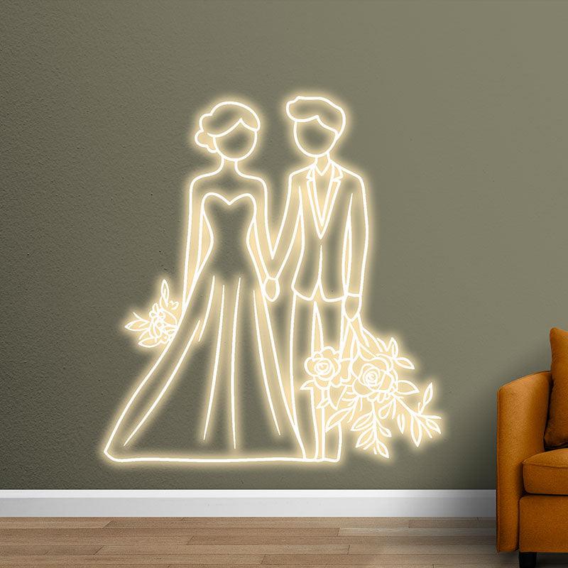 White Lighting Art LED Neon signs | Bride and Groom Hand in Hand Happy Picture Decoration Light | Suitable for Wedding and Home Decoration