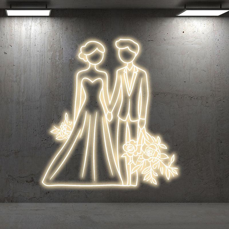White Lighting Art LED Neon signs | Bride and Groom Hand in Hand Happy Picture Decoration Light | Suitable for Wedding and Home Decoration