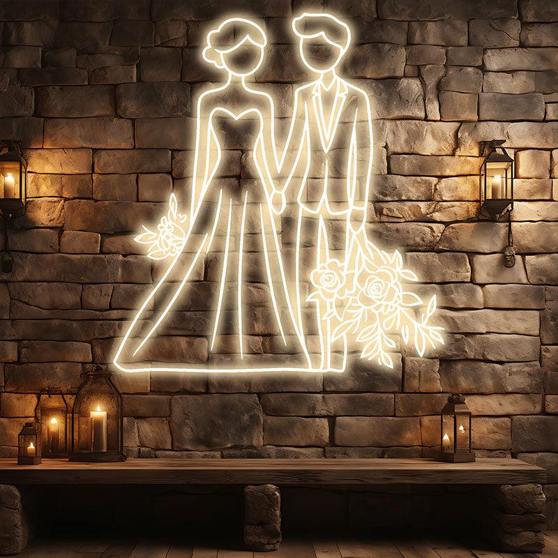 White Lighting Art LED Neon signs | Bride and Groom Hand in Hand Happy Picture Decoration Light | Suitable for Wedding and Home Decoration