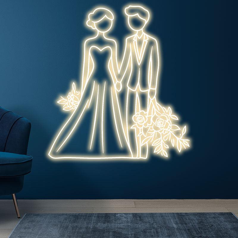 White Lighting Art LED Neon signs | Bride and Groom Hand in Hand Happy Picture Decoration Light | Suitable for Wedding and Home Decoration