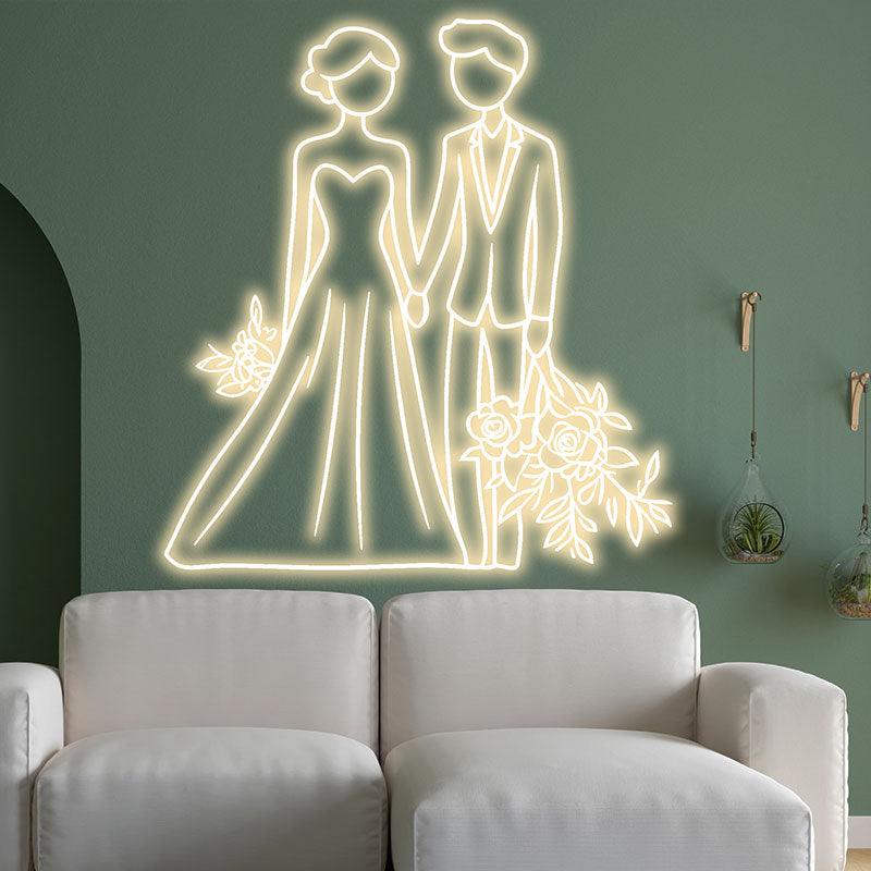 White Lighting Art LED Neon signs | Bride and Groom Hand in Hand Happy Picture Decoration Light | Suitable for Wedding and Home Decoration